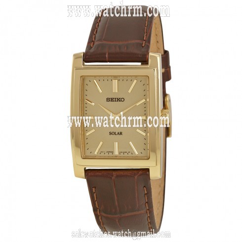 Seiko Solar Quartz Champagne Dial Brown Leather Men's Watch SUP896