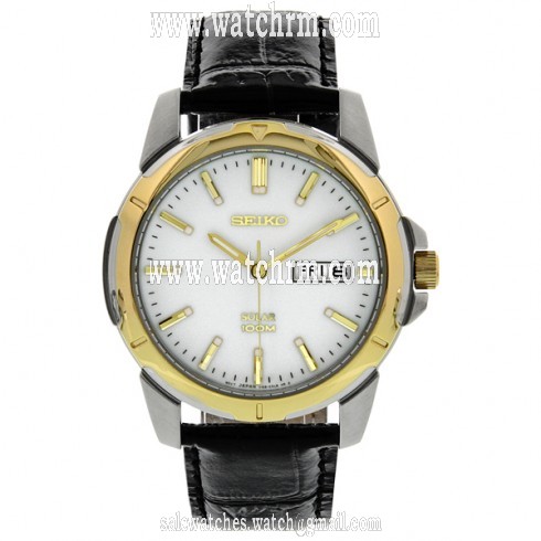 Seiko Solar White Dial Black Leather Strap Men's Watch SNE104