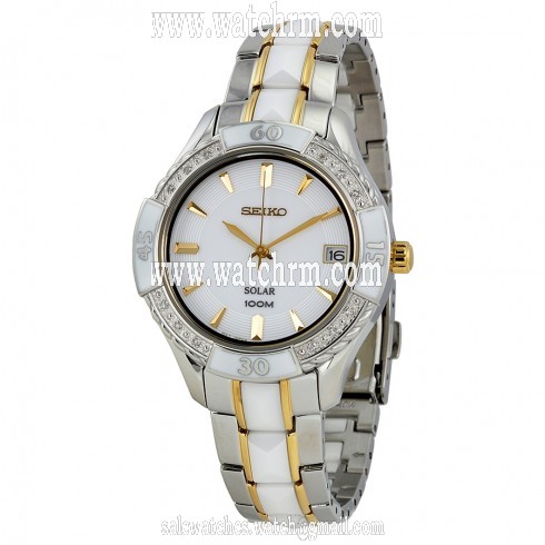Seiko Solar White Dial Stainless Steel and White Ceramic Ladies Watch SNE880