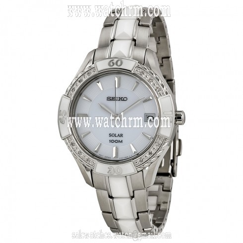 Seiko Solar White Dial Stainless Steel and White Ceramic Ladies Watch SNE881