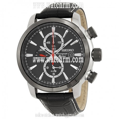 Seiko Sport Chronograph Black Dial Black Leather Men's Watch SNAF47P2