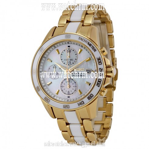Seiko Sportura Chronograph Mother of Pearl Dial Gold-tone and White Ceramic Men's Watch SNDX02P1