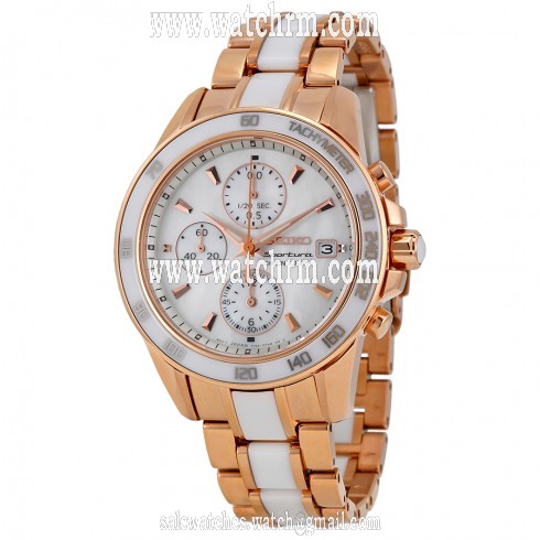 Seiko Sportura Chronograph Mother of Pearl Dial Rose Gold-tone and White Ceramic Men's Watch SNDW98