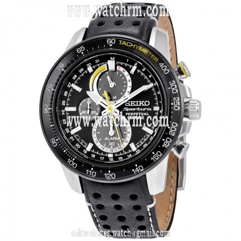Seiko Sportura Perpetual Solar Chronograph Black Dial Black Leather Men's Watch SSC361
