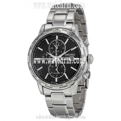 Seiko World Time Black Dial Stainless Steel Men's Watch SPL049P1