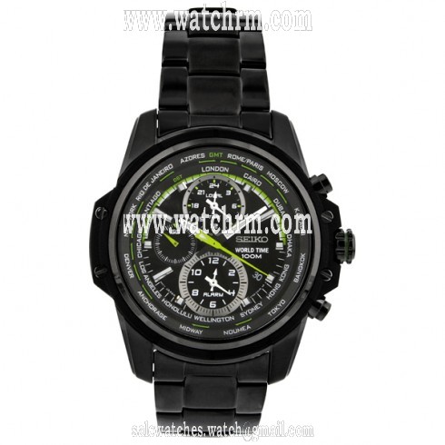 Seiko World Timer Chronograph Black Dial Black PVD  Stainless Steel Men's Watch SPL045