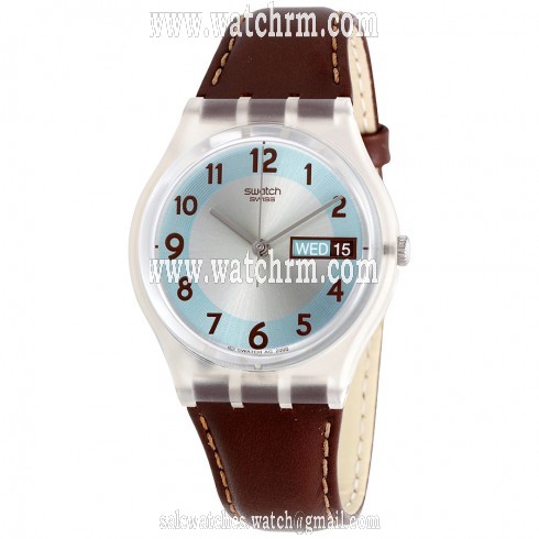 Swatch Blue Conker Grey Dial Brown Leather Men's Watch GE704