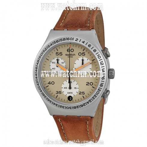 Swatch Brushed Earth Beige Dial Tan Leather Men's Watch YCS4053