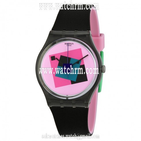 Swatch Crazy Square Pink Dial Black Rubber Unisex Watch GA109