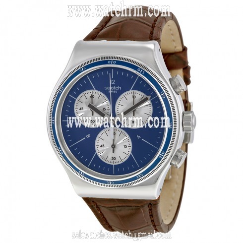 Swatch Destination London Chronograph Blue Dial Brown Leather Men's Watch YVS410C