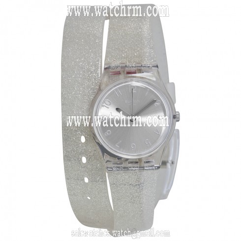 Swatch Glistar Silver Pearl Dial Transaprent Double Wrap) Strap Ladies Watch LK343