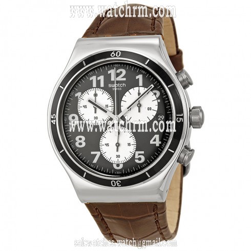 Swatch Irony Browned Chronograph Black Dial Leather Strap Men's Watch YVS400