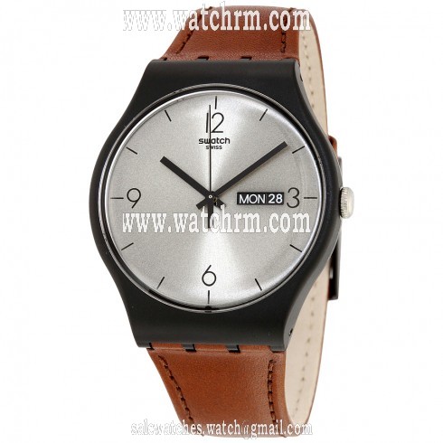 Swatch Originals Lonely Desert Silver Dial Brown Leather Men's Watch SUOB721