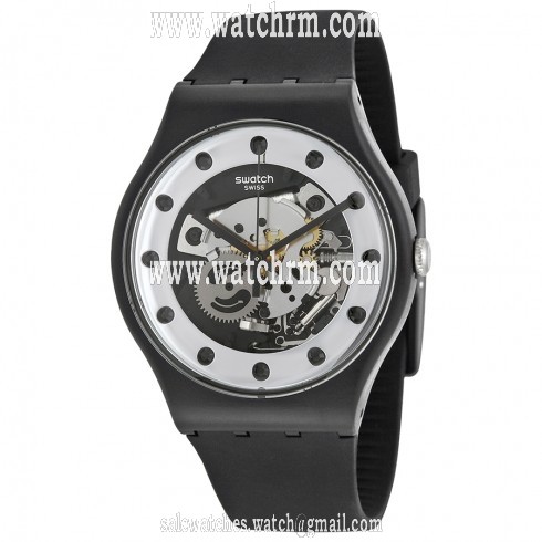 Swatch Originals Silver Glame Skeleton Dial Black Silicone Men's Watch SUOZ147