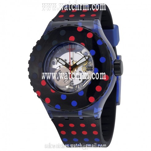 Swatch Polka Dot Transparent Dial Black Silicone Ladies Watch SUUN100