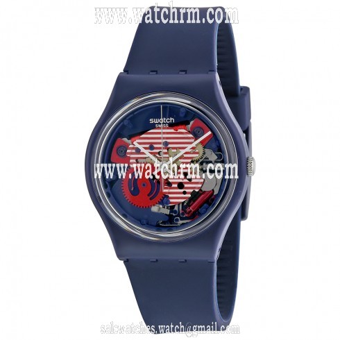 Swatch Porticciolo Red White Transparent Dial Blue Silicone Band Ladies Watch GN239