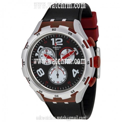 Swatch Red Wheel Chronograph Black Dial Black Silicone Men's Wartch YYS4004