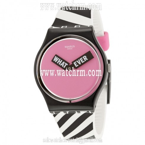 Swatch When-Ever Pink Dial Black and White Striped Silicone Unisex Watch GB284