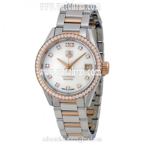 Tag Heuer Carrera Automatic White Mother of Pearl Dial Stainless Steel and 18kt Rose Gold Ladies Watch WAR2453.BD0772