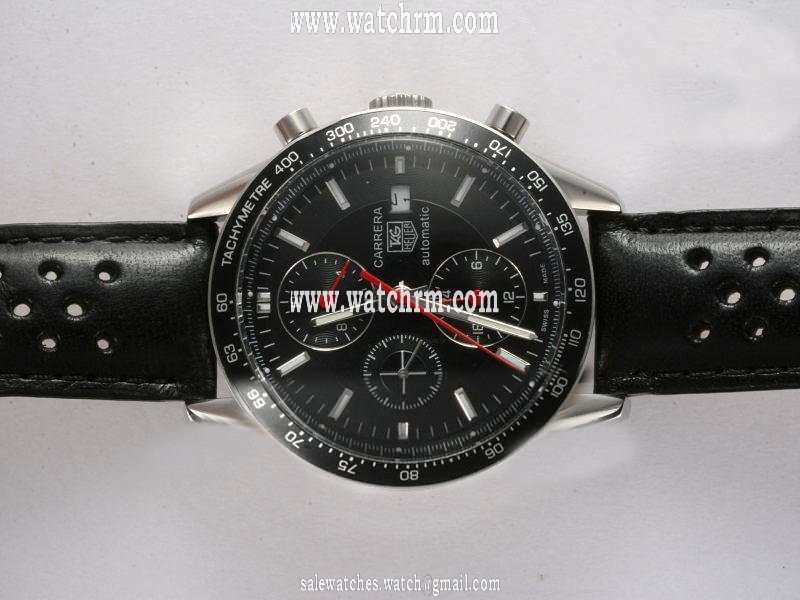 TAG Heuer Carrera CV2014.FT6007 Black Dial PVD Bezel Black Cow Leather Strap Watch