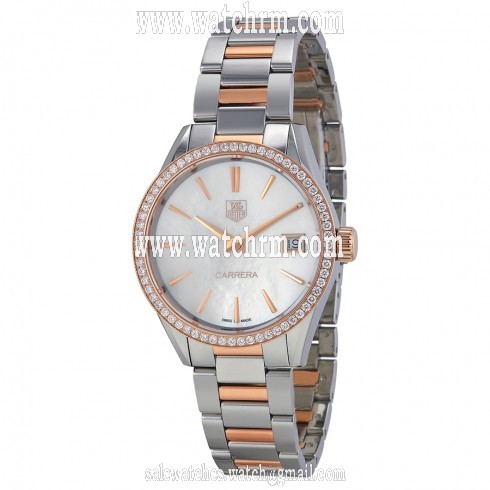 Tag Heuer Carrera White Mother of Pearl Dial Stainless Steel and 18kt Rose Gold Ladies Watch WAR1353.BD0774