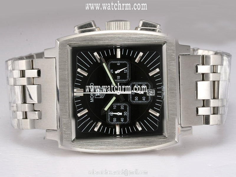 TAG Heuer Monaco Monaco Calibre 12 Rectangle Silver Stainless Steel Strap Black Dial Watch