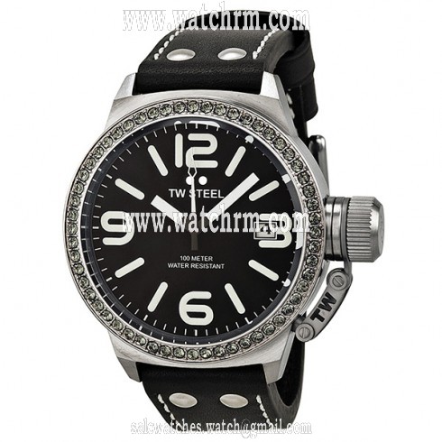 TW Steel Canteen 45mm Black Dial Crystal-set Bezel Black Leather Ladies Watch STW37