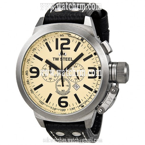 TW Steel Canteen 50mm Black Leather Strap Chronograph Men's Watch TW3