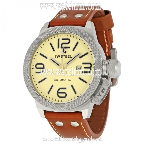 TW Steel Canteen Automatic Beige Dial 50mm Light Brown Leather Men's Watch TWA953