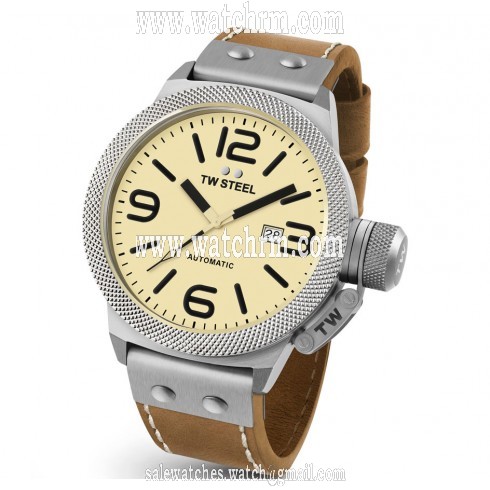 TW Steel Canteen Automatic Cream Dial 50 MM Brown Leather Men's Watch CS16