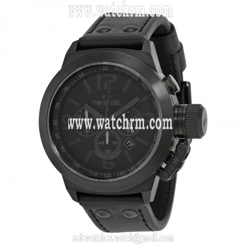 TW Steel Canteen Chronograph 45 MM Cool Black Dial Black Leather Men's Watch TW843