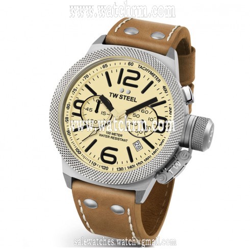 TW Steel Canteen Chronograph Cream Dial 45 MM Brown Leather Men's Watch CS13