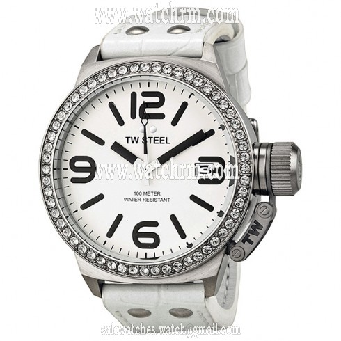 TW Steel Canteen White Dial  Swarovski  Bezel White Leather Ladies Watch TW35