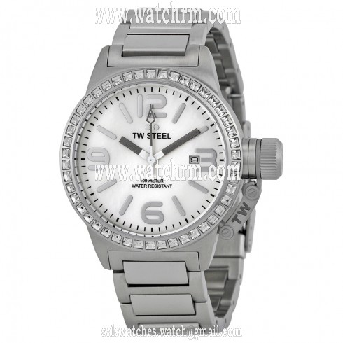 TW Steel Canteen White Mother of Pearl Dial Swarovski Bezel Ladies Watch TW302