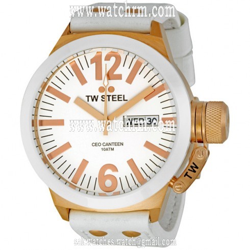 TW Steel CEO Canteen 45MM White Dial White Leather Strap Men's Watch CE1035