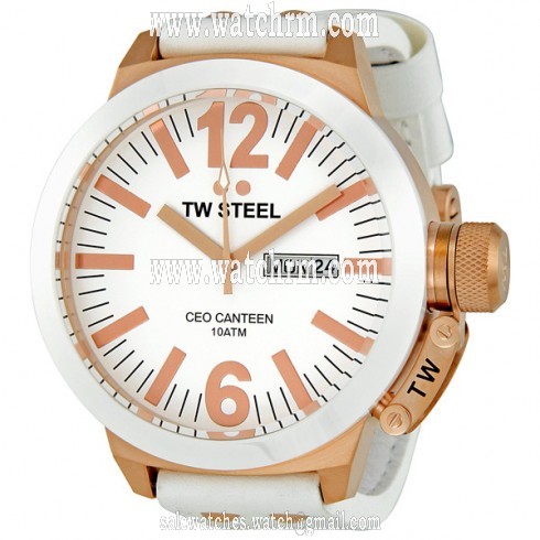 TW Steel CEO Canteen 50 MM White Dial White Leather Strap Men's Watch CE1036