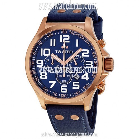 TW Steel Pilot Blue Dial Chronograph Rose Gold PVD Steel Blue leather Men's Watch TW406