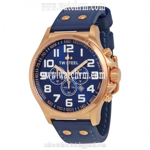 TW Steel Pilot Blue Dial Chronograph Rose Gold PVD Steel Blue Leather Men's Watch TW407