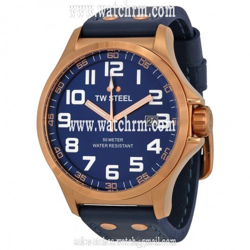TW Steel Pilot Blue Dial Rose Gold PVD Stainless Steel Blue Leather Men's Watch TW405