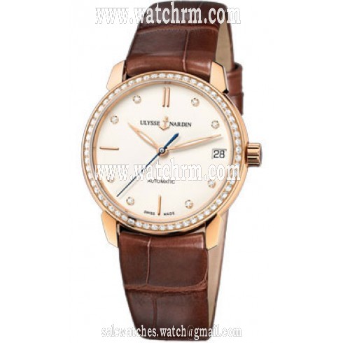Ulysse Nardin Classico Eggshell White Diamond Dial 18kt Rose Gold Brown Leather Ladies Watch 8106-116B-2-990