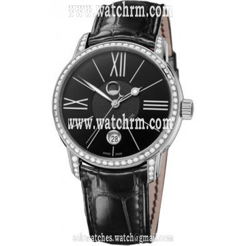 Ulysse Nardin Classico Luna Black Dial Stainless Steel Diamond Black Alligator Leather Men's Watch 8293-122B-2-42