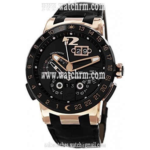 Ulysse Nardin El Toro GMT Black Dial 18kt Rose Gold Black Leather Men's Watch 326-03