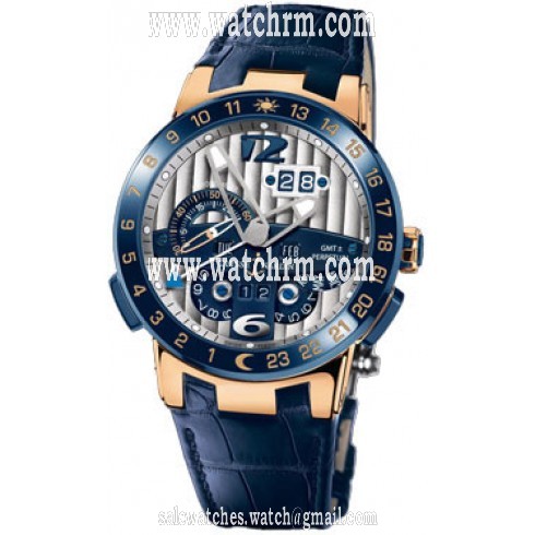 Ulysse Nardin El Toro GMT Silver Dial 18kt Rose Gold Blue Leather Men's Watch 326-00