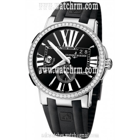 Ulysse Nardin Executive Dual Time Black Dial Diamond Bezel Black Leather Men's Watch 243-00B-3-42