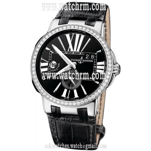 Ulysse Nardin Executive Dual Time Black Dial Diamond Bezel Black Leather mens Watch 243-00B-42
