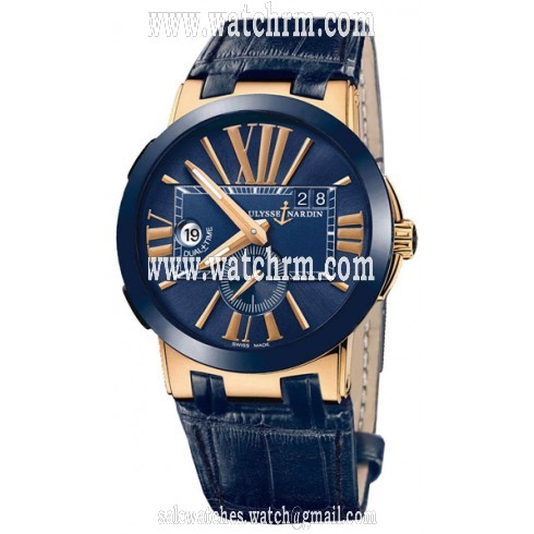 Ulysse Nardin Executive Dual Time Blue Dial 18K Rose Gold Blue Alligator Leather Men's Watch 246005-43