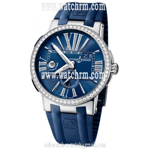 Ulysse Nardin Executive Dual Time Blue Dial Diamond Bezel Blue Rubber Men's Watch 243-00B-3-43