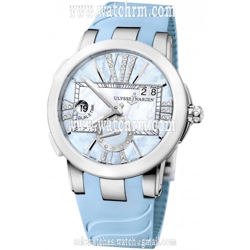 Ulysse Nardin Executive Dual Time Blue Mother of Pearl Diamond Dial Blue Rubber Ladies Watch 243-10-3-393