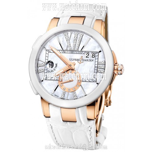Ulysse Nardin Executive Dual Time Mother of Pearl Diamond Dial 18kt Rose Gold White Leather Ladies Watch 246-10-391
