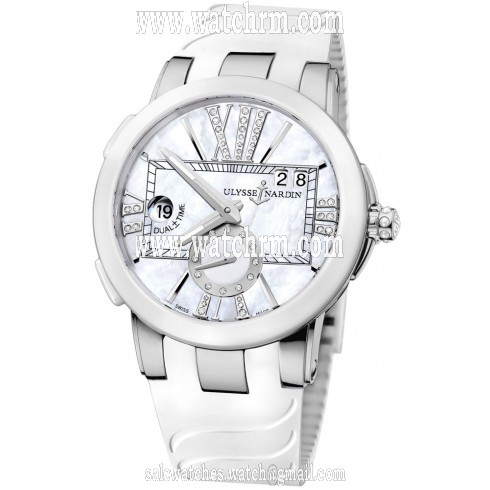 Ulysse Nardin Executive Dual Time Mother of Pearl Diamond Dial Stainless Steel White Rubber Ladies Watch 243-10-3-391